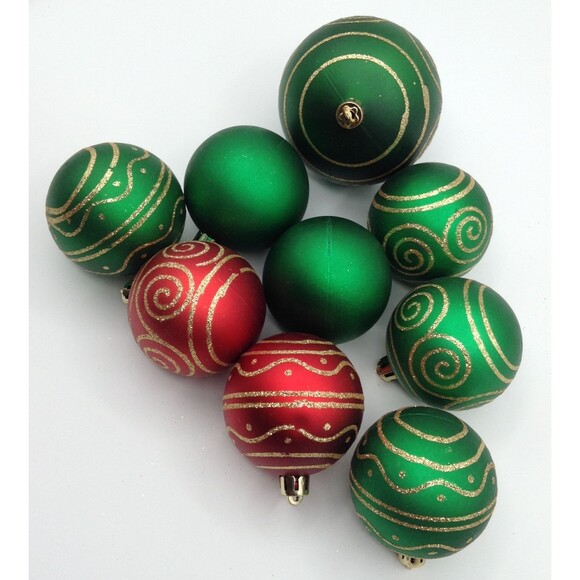 Christmas Ornaments Green & Red Matte2 Solid 7 Gold Glitter Shatterproof Set/9 - Picture 3 of 5
